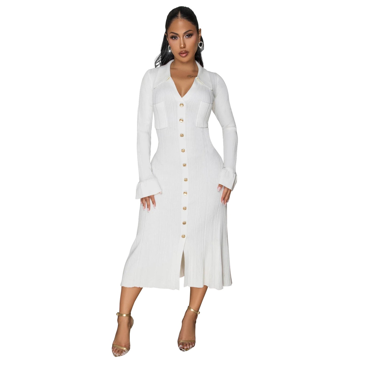 MYF (S-2XL) 10913V collar dress single-breasted long sleeve dress