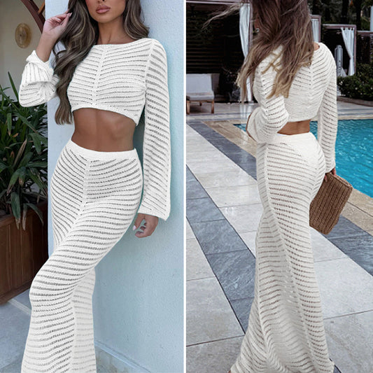 CYB cropped sheath round neck long sleeve knitted skirt suit
