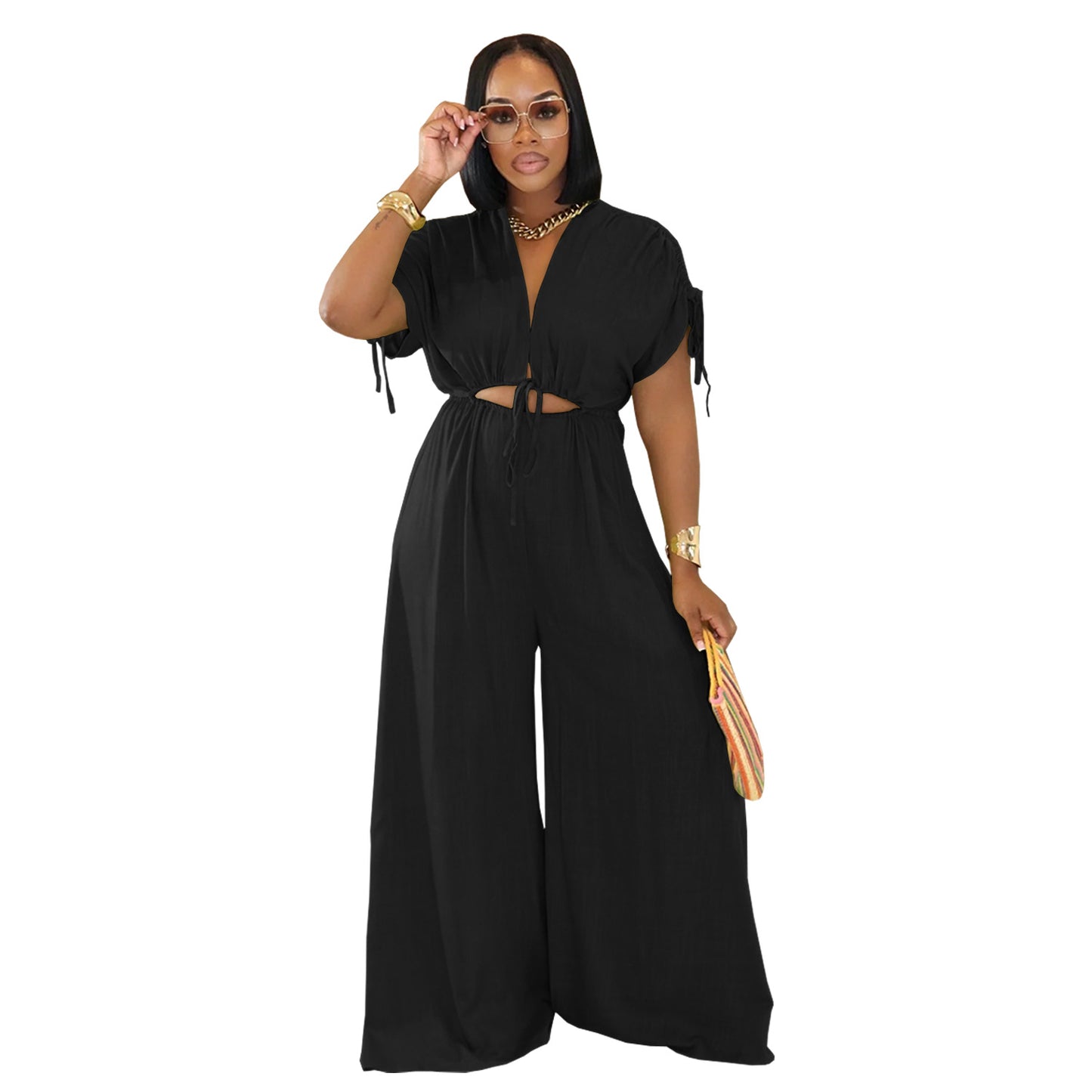 XYZ C7388 casual V-neck lace-up wide-leg jumpsuit