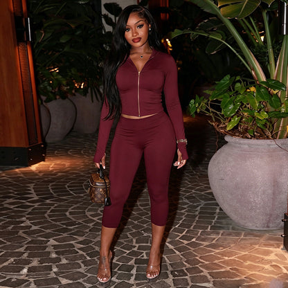 DZHT D26ST229 hooded long sleeve finger fit design zipper top tight pleated cropped pants two-piece suit