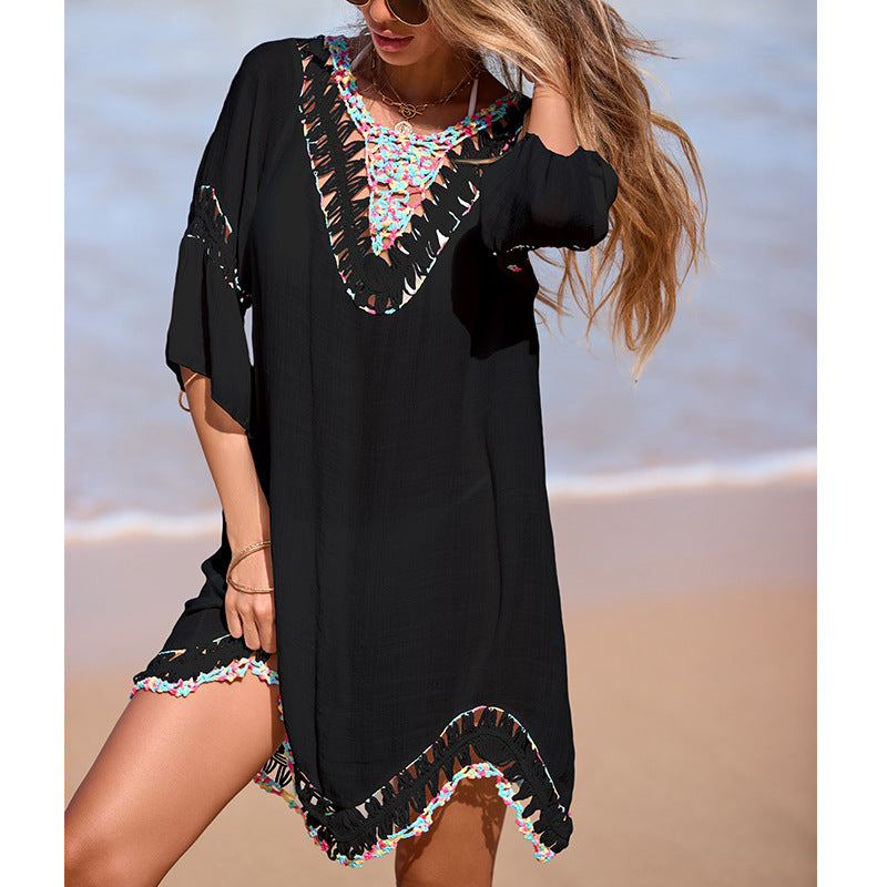 CYB color V-neck hand crocheting stitching irregular skirt mid-length sleeve backless lace up blouse