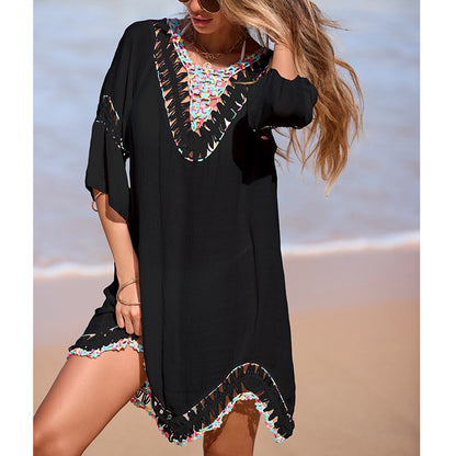 CYB color V-neck hand crocheting stitching irregular skirt mid-length sleeve backless lace up blouse