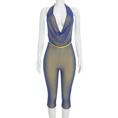 DZHT Q26ST073 hanging collar halter bare back top tight cropped pants two-color suit
