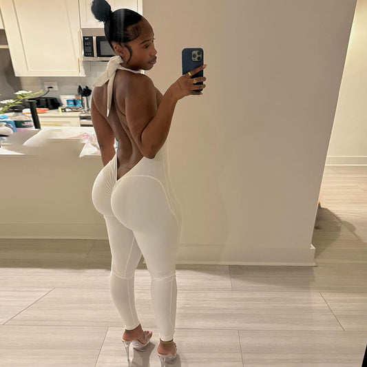 SXR autumn and winter backless halter lace-up hip raise skinny jumpsuit