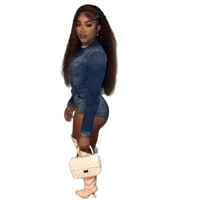 MZ (S-2XL) zipper solid color stitching stretch denim lace-up jumpsuit shorts