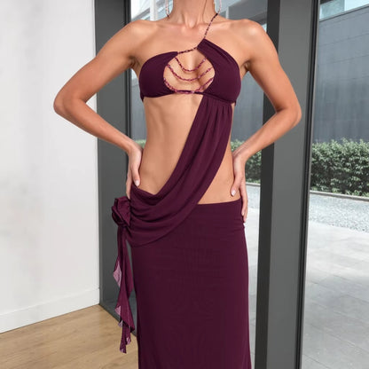 SXR Spring 2026 midriff outfit sexy bandeau bead necklace flower oblique shoulder strap dress