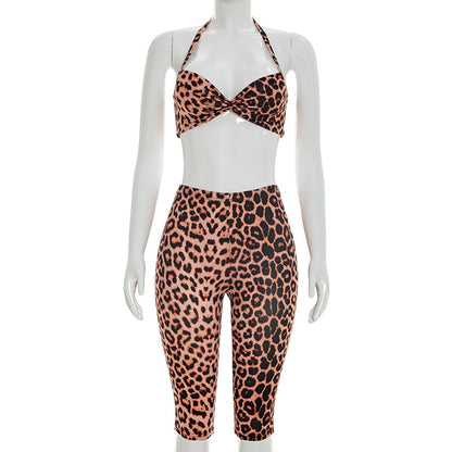 DZHT D26ST059 leopard print halter minicoat skinny knee length pants two-piece suit