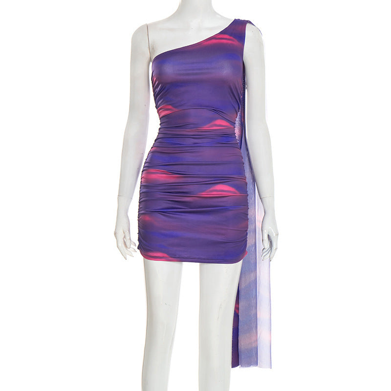 DZHT Q26DS011 spring printed one-shoulder ribbon hip-wrapped short dress