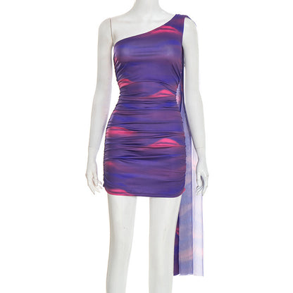 DZHT Q26DS011 spring printed one-shoulder ribbon hip-wrapped short dress