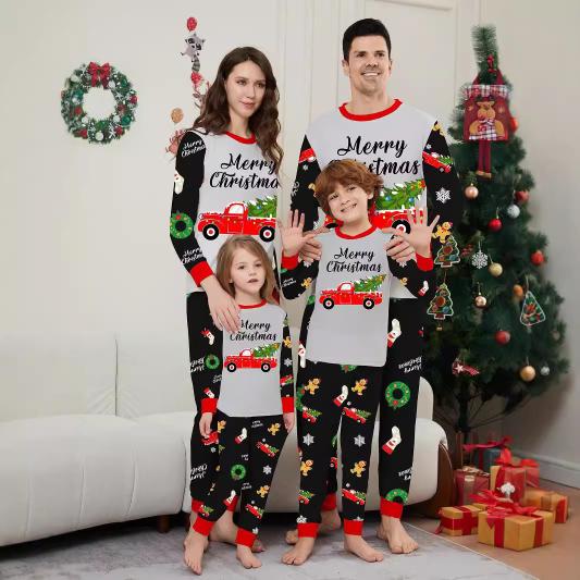 OMN Christmas car print round neck drawstring long sleeved pants pajamas